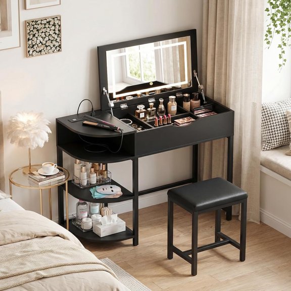Homieasy Makeup Vanity Desk with Flip Top Mirror and Lights, 2-in-1 Modern Vanity Table with Charging Station and Side Storage Shelves, Space Saving Dressing Table for Small Spaces, Black