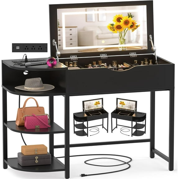 Homieasy Makeup Vanity Desk with Flip Top Mirror and Lights, 2-in-1 Modern Vanity Table with Charging Station and Side Storage Shelves, Space Saving Dressing Table for Small Spaces, Black