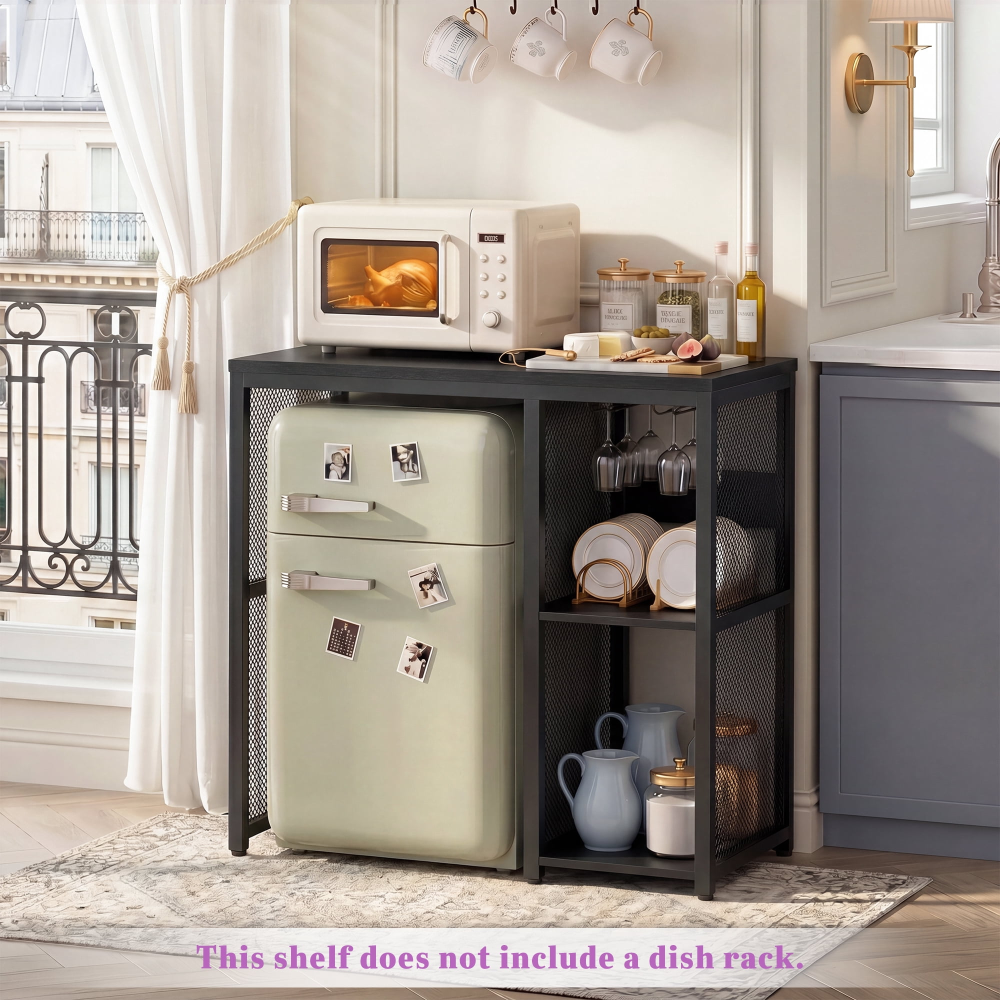Homieasy Mini Fridge Stand with Charging Station, Bakers Rack with Mini Fridge Space & Glass Holder for Kitchen/Dining, Black