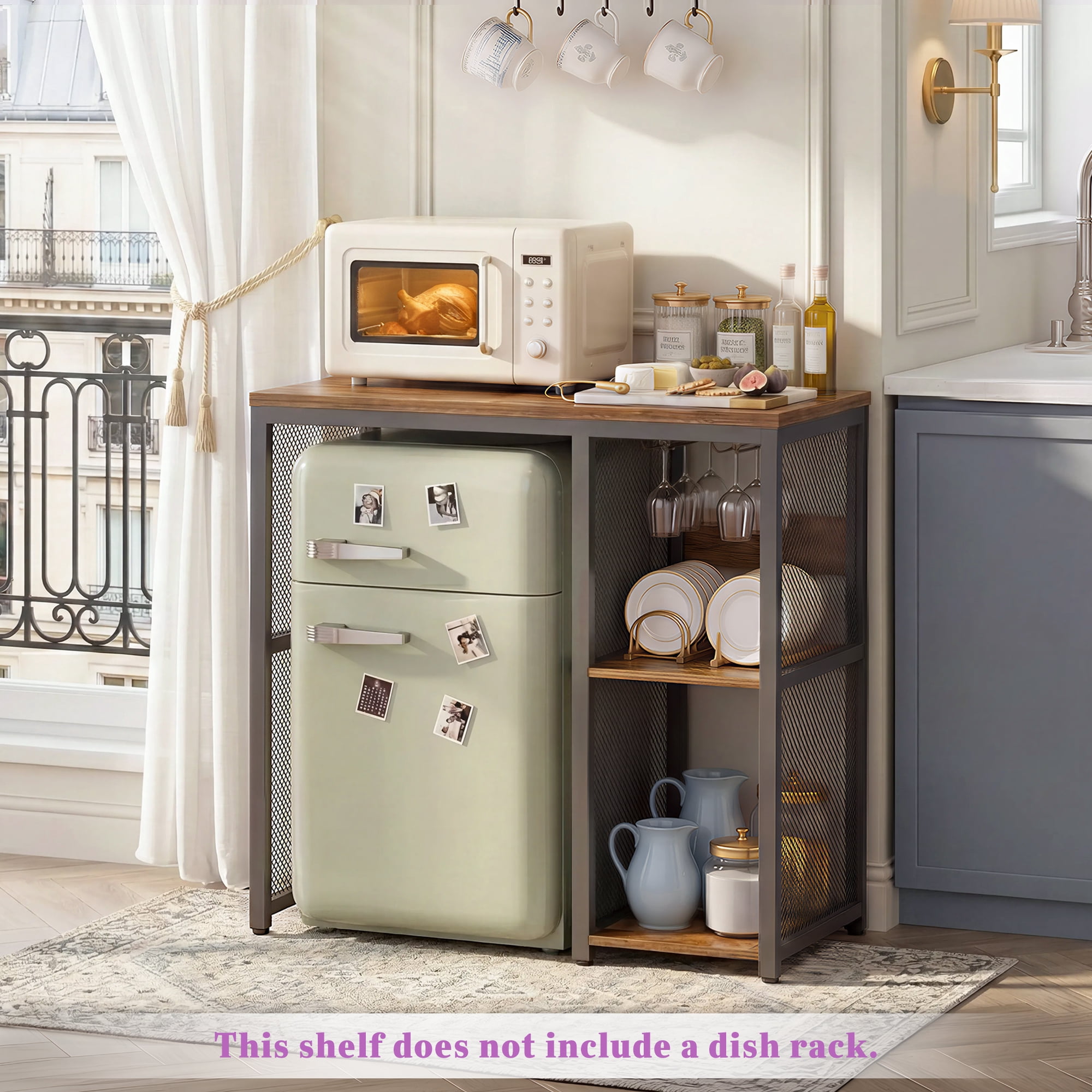 Homieasy Mini Fridge Stand with Charging Station, Bar Stand with Mini Fridge Space & Glass Holder for Kitchen/Dining, Brown