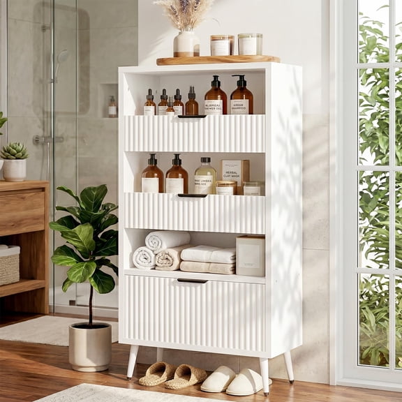 Homieasy Modern Fluted Storage Cabinet, 51.2" Tall Freestanding Organizer with 3 Drawers & Open Shelf, Versatile Pantry Cabinet for Bathroom, Kitchen, Entryway - Narrow Design for Small Spaces,White