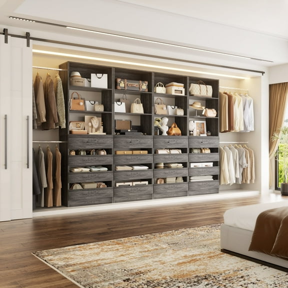 Homieasy Modular Closet System 4-Pack, 12-24ft Expandable Walk-in Wardrobe Organizer with 16 Wooden Drawers & 16 Hanging Rods , Heavy-Duty Wood Closet Towers System ,Adjustable Garment Rack,Gray Oak