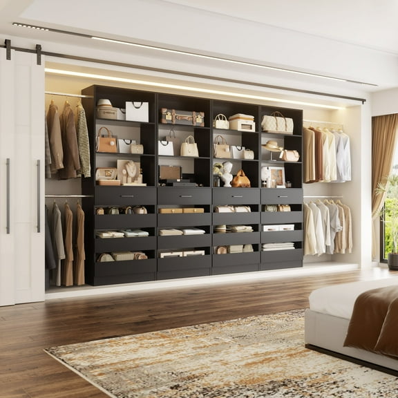 Homieasy Modular Closet System 4-Pack, 12-24ft Expandable Walk-in Wardrobe Organizer with 16 Wooden Drawers & 16 Hanging Rods , Heavy-Duty Wood Closet Towers System ,Adjustable Garment Rack,Black