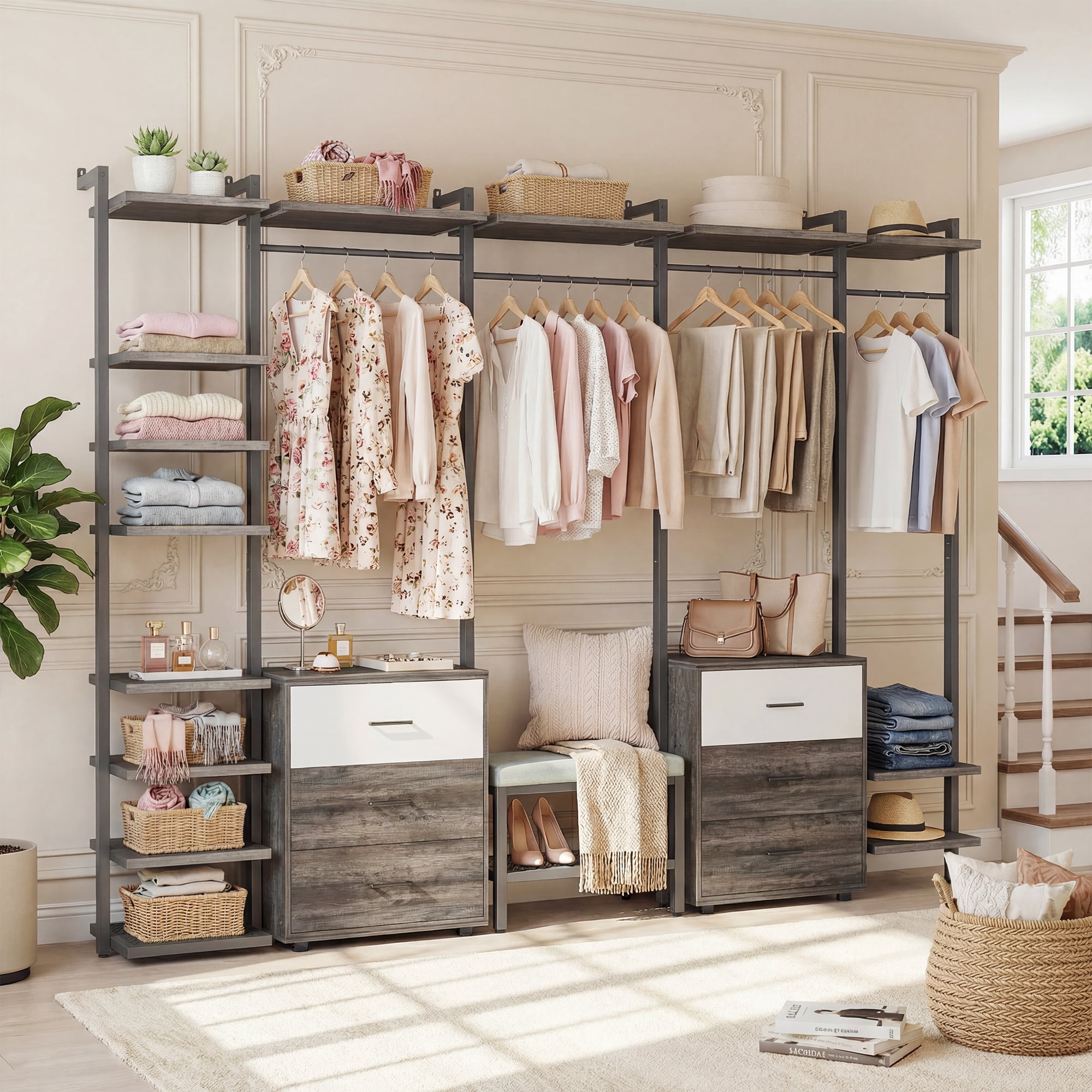 Homieaay 96'' Heavy Duty Closet System with 6 Drawers, 14 Shelves