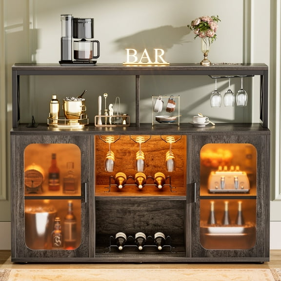 Homieasy Multipurpose Bar Cabinet with Power Outlet & LED Lights - Freestanding Liquor Storage with Glass Holders and Racks for Home Kitchen,Gray Oak(Model G2)