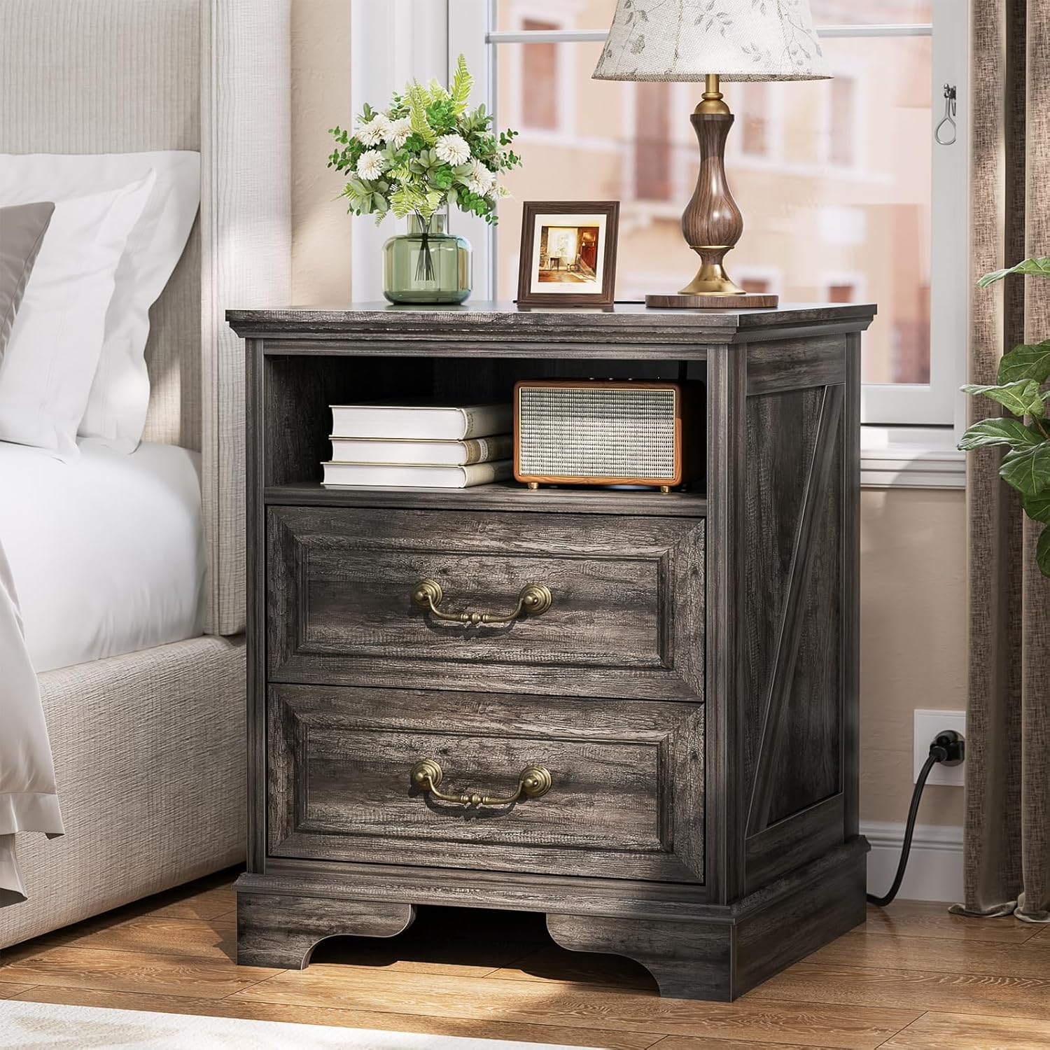 Homieasy Nightstand with Charging Station -2 USB Ports, 3 AC Outlets, Farmhouse Rustic Wood End Table with 2 Drawers & Open Shelf for Bedroom, Living Room,Rustic Gray Oak