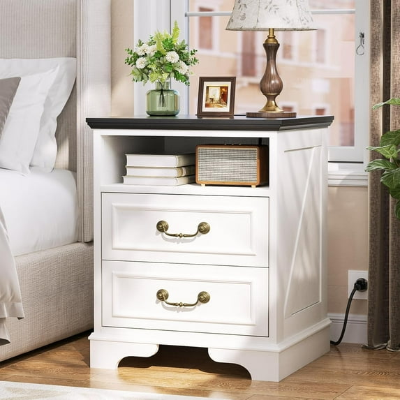 Homieasy Nightstand with Charging Station -2 USB Ports, 3 AC Outlets, Farmhouse Rustic Wood End Table with 2 Drawers & Open Shelf for Bedroom, Living Room,Rustic White