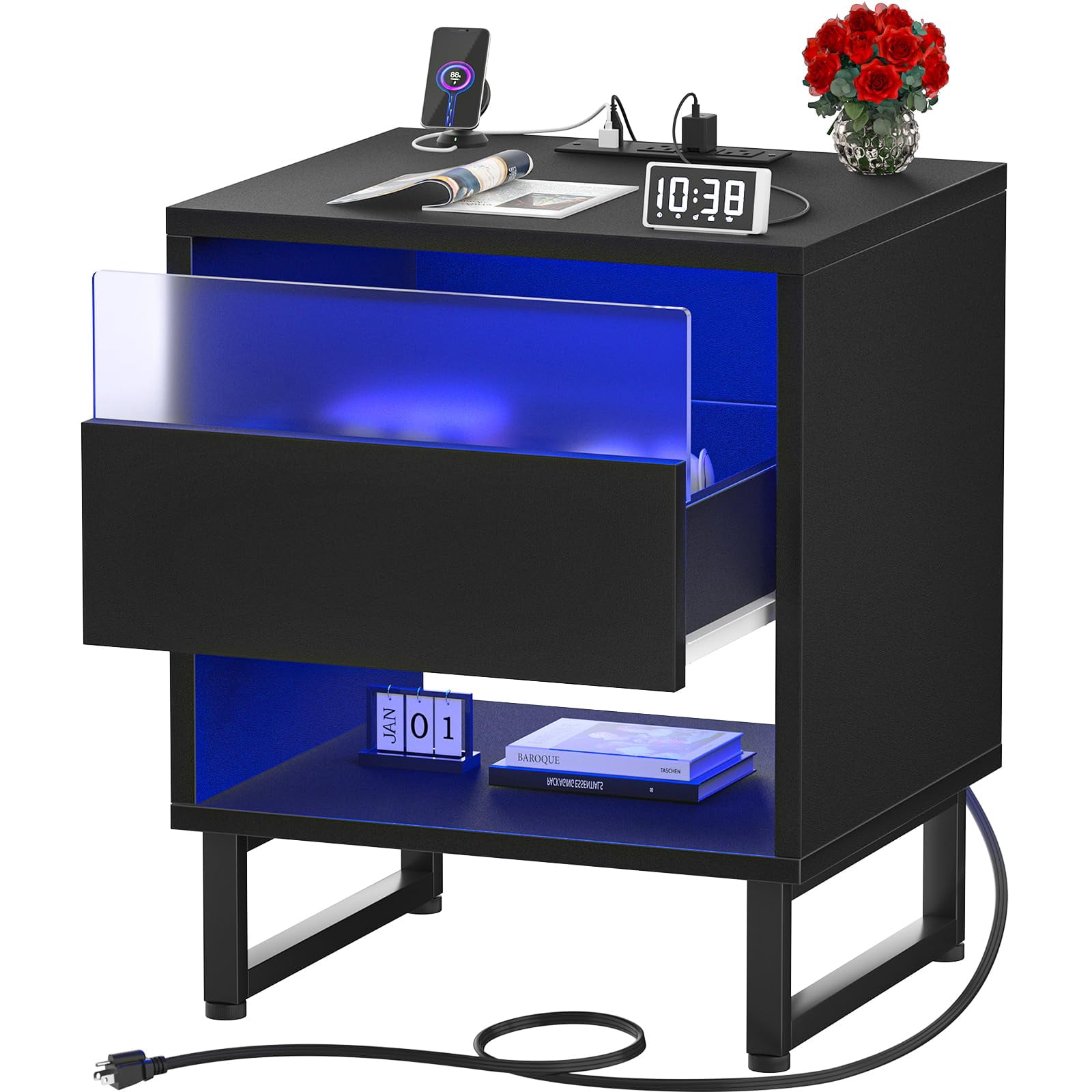 Mini Computer Night Stand Homieasy Bedside Nightstand with Electric Outlets and USB, LED Lights ...