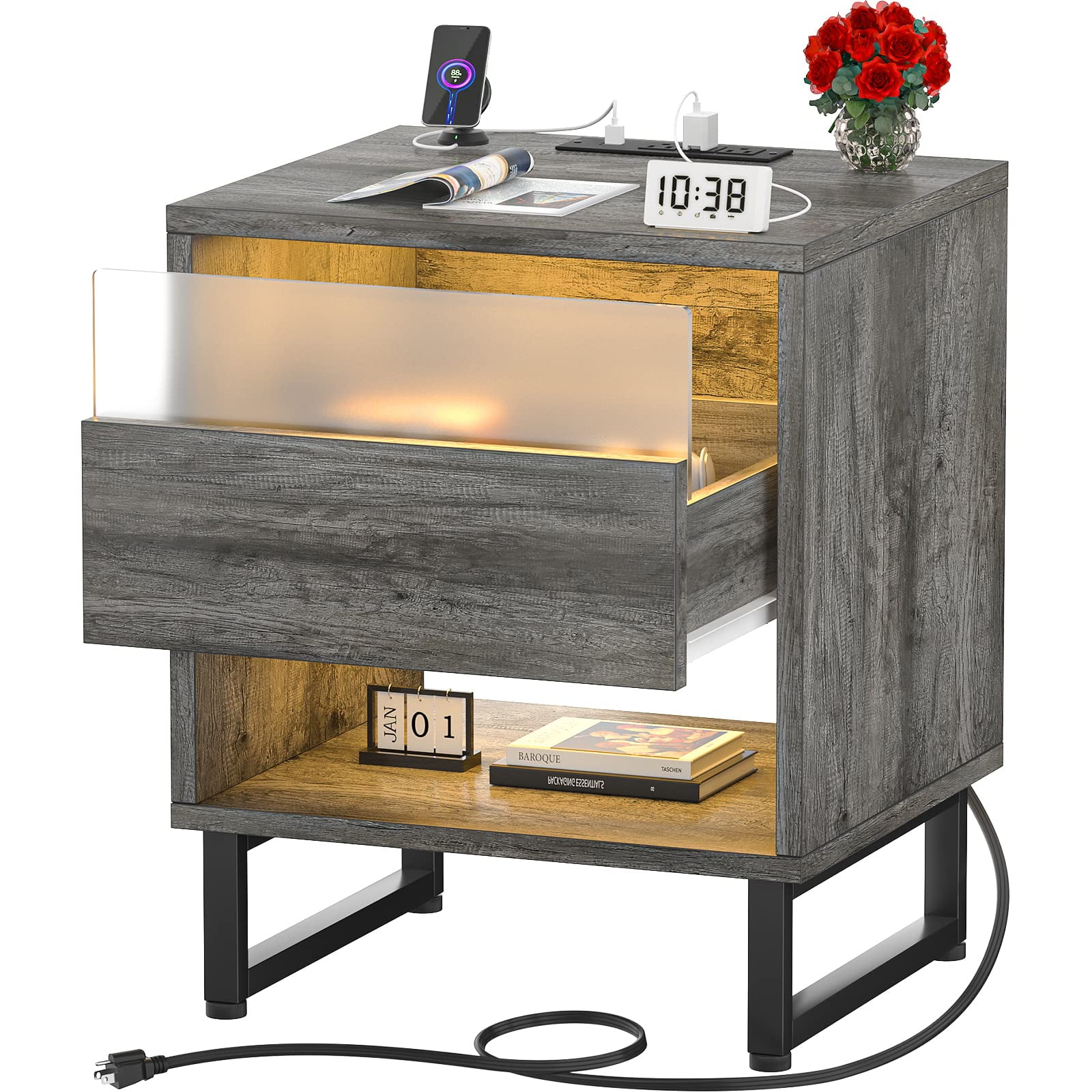 Homieasy Nightstand with Charging Station and USB Ports, Bedside Table