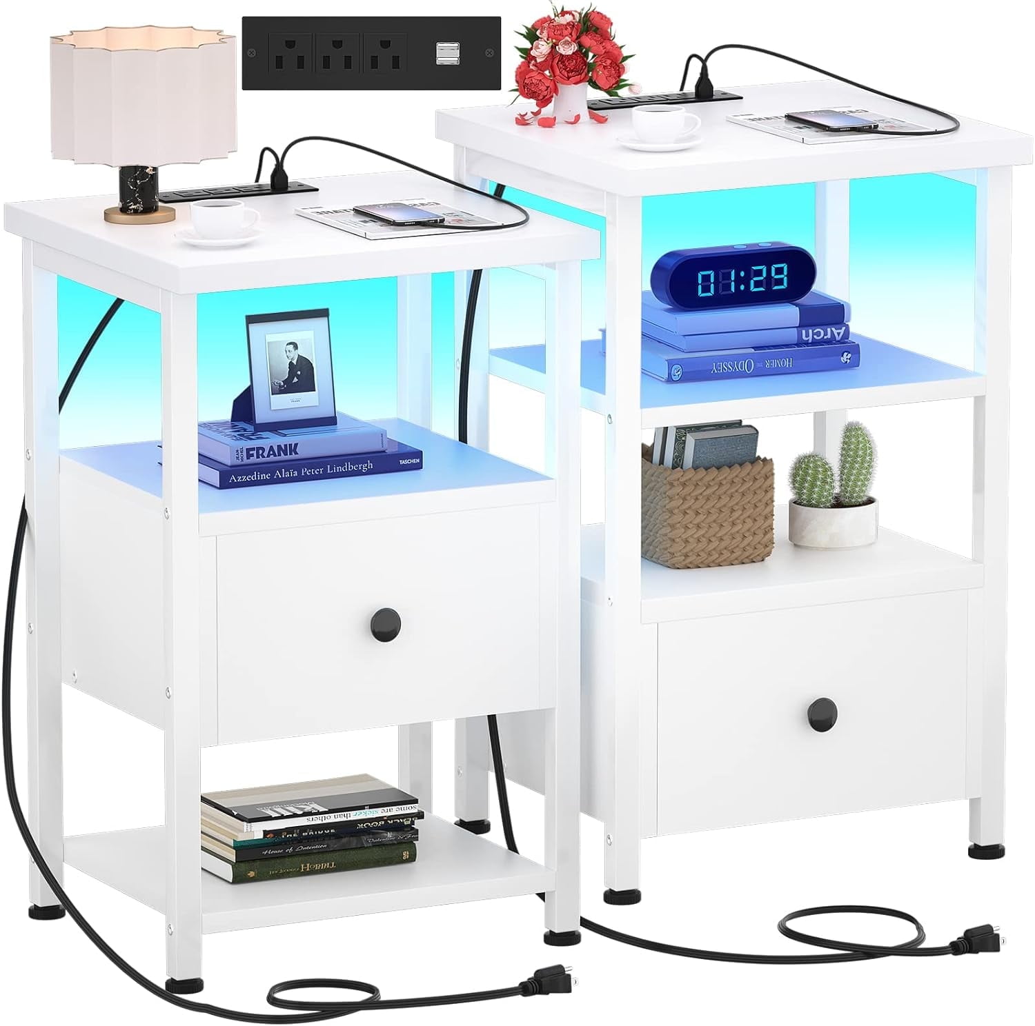 White 3-Tier Nightstands with LED Lights and Charging Station