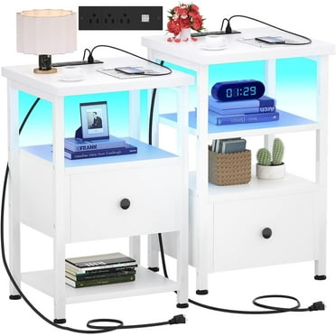 Homieasy Nightstand Set of 2 with Charging Station, End Table Bedside Table with LED Lights, Modern Nightstands with Drawers and Storage Shelf, Wood Night Stands for Bedroom, Living Room, White