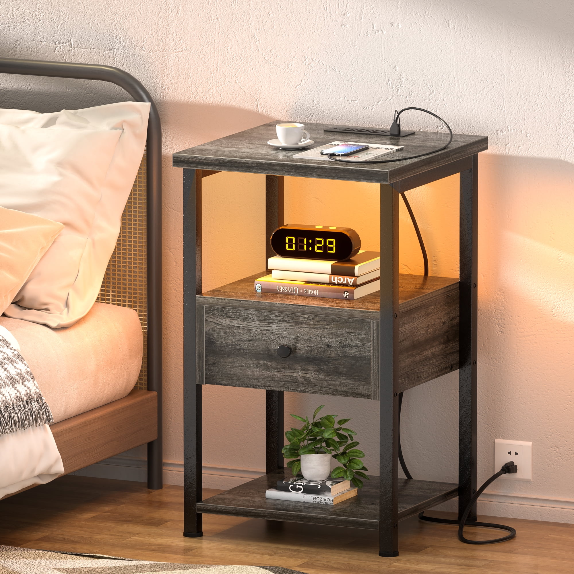 Homieasy Nightstands Set of 2 with Charging Station, End Table Bedside