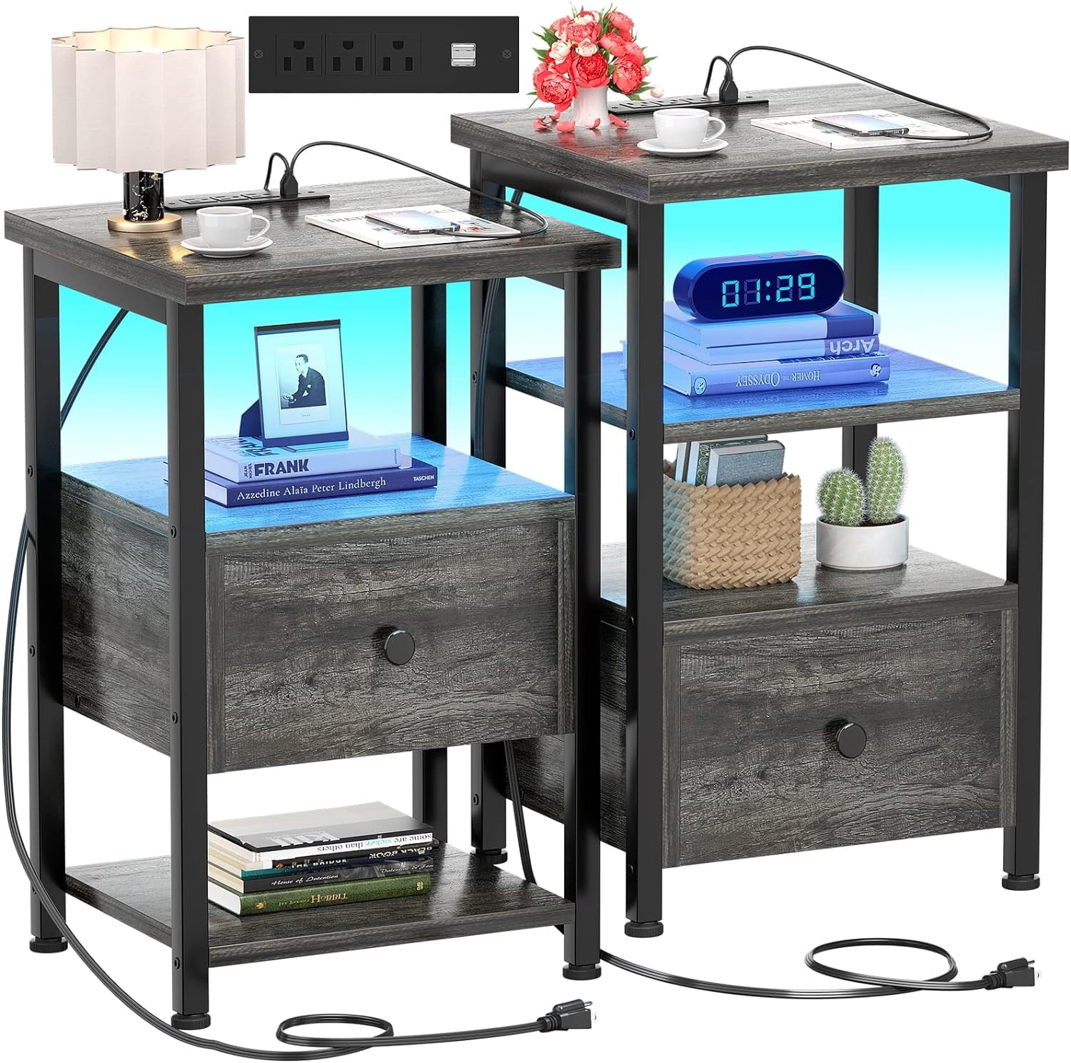 Homieasy Nightstands Set of 2 with Charging Station, End Table Bedside Table with LED Lights, Modern Nightstand with Drawers and Storage Shelf, Wood Night Stands for Bedroom, Living Room, Grey
