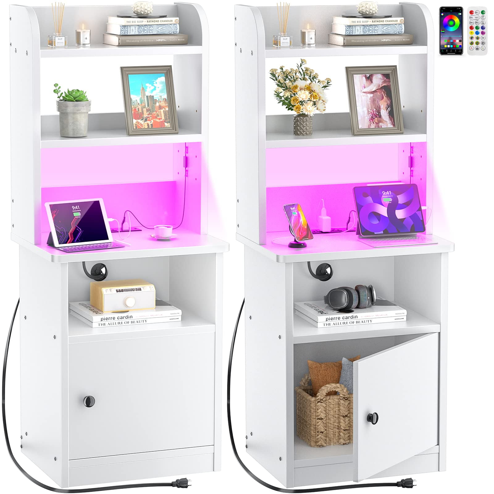 Homieasy Nightstands Set of 2 with Charging Station and LED Lights, 47