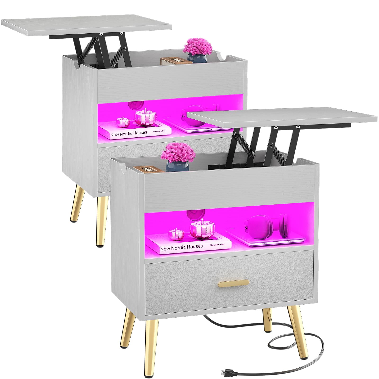 Homieasy 2 Nightstands with Charging Station, USB, LED Lights, 35'' End