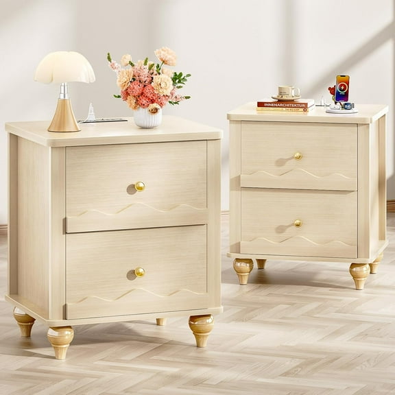 Homieasy Nightstands Set of 2, Modern Nightstand with Power Outlet and 2 Wave Pattern Drawers, Bedside Table for Bedroom, Living Room, Beige Oak