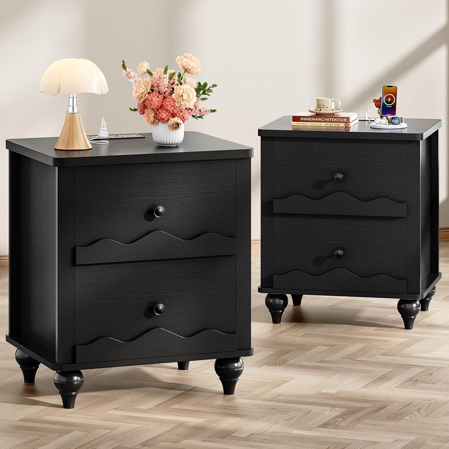 Homieasy Nightstands Set of 2, Modern Nightstand with Power Outlet and 2 Wave Pattern Drawers, Bedside Table for Bedroom, Living Room, Black