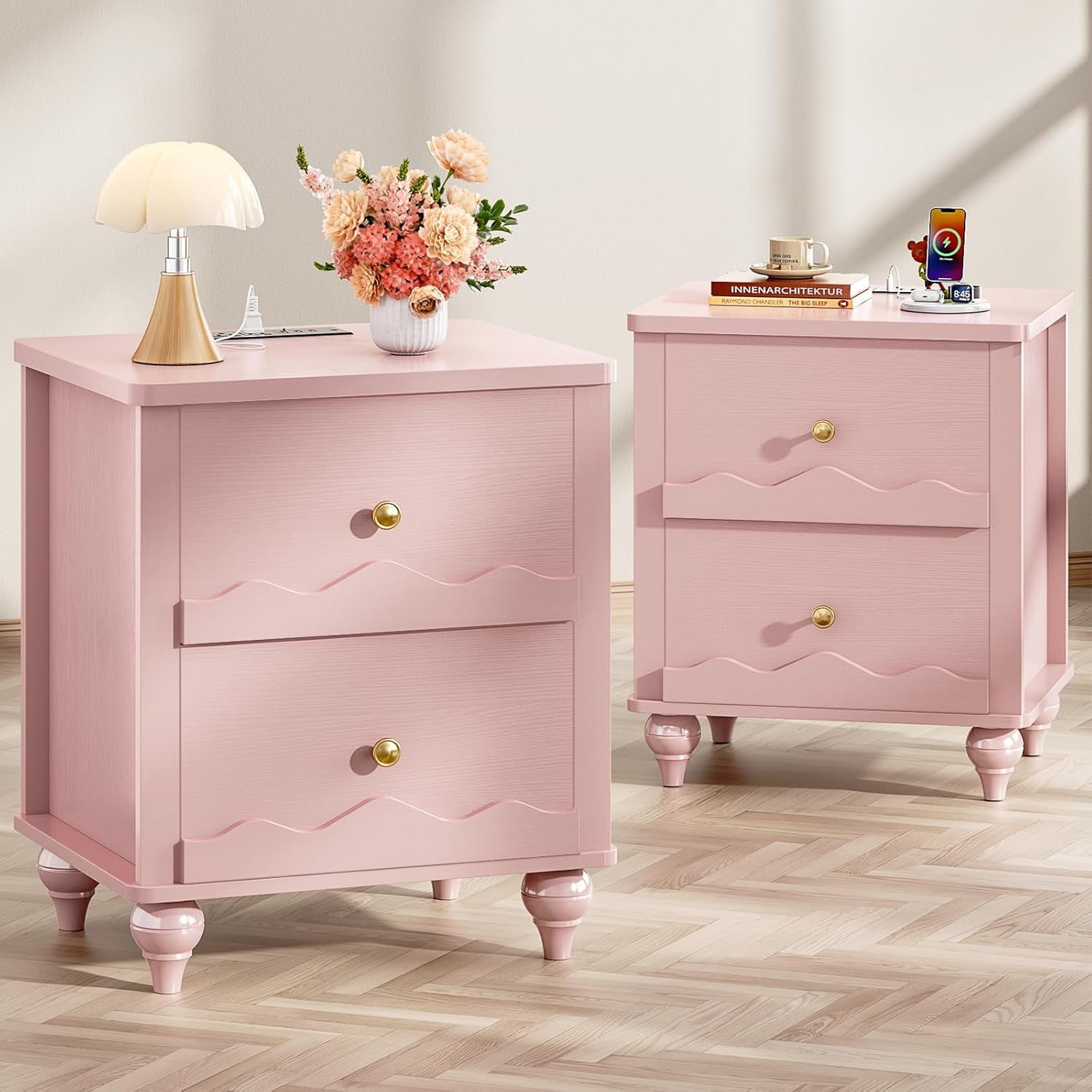 Homieasy Nightstands Set of 2, Modern Nightstand with Power Outlet and 2 Wave Pattern Drawers, Bedside Table for Bedroom, Living Room, Pink