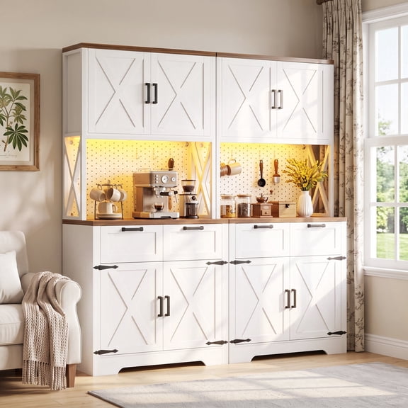 Homieasy Pantry Cabinet with Microwave Countertop, 71" Tall Kitchen Pantry Storage Cabinet with Charging Station & LED Lights, Set of 2, White