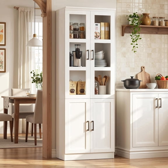 Homieasy Pantry Storage Cabinet, 79.7'' Tall Freestanding Kitchen Storage Cabinet with Glass Doors and Adjustable Shelves, White