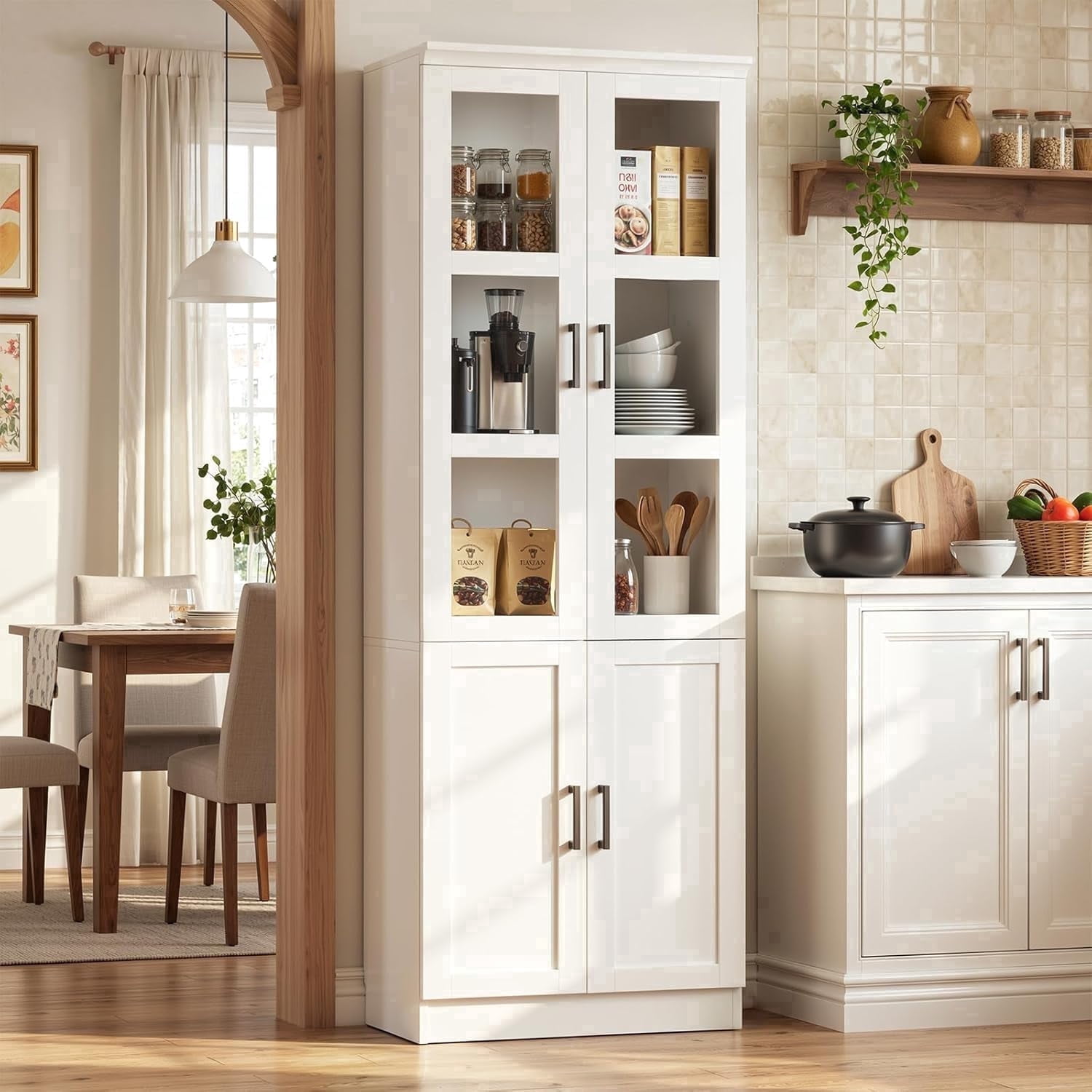 Homieasy Pantry Storage Cabinet, 79.7'' Tall Freestanding Kitchen Storage Cabinet with Glass Doors and Adjustable Shelves, Off-White