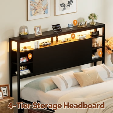 Homieasy Queen Headboard with Storage, Headboards with Power Outlets and Smart LED Light, Sturdy Head Board for Queen Size Bed, Black