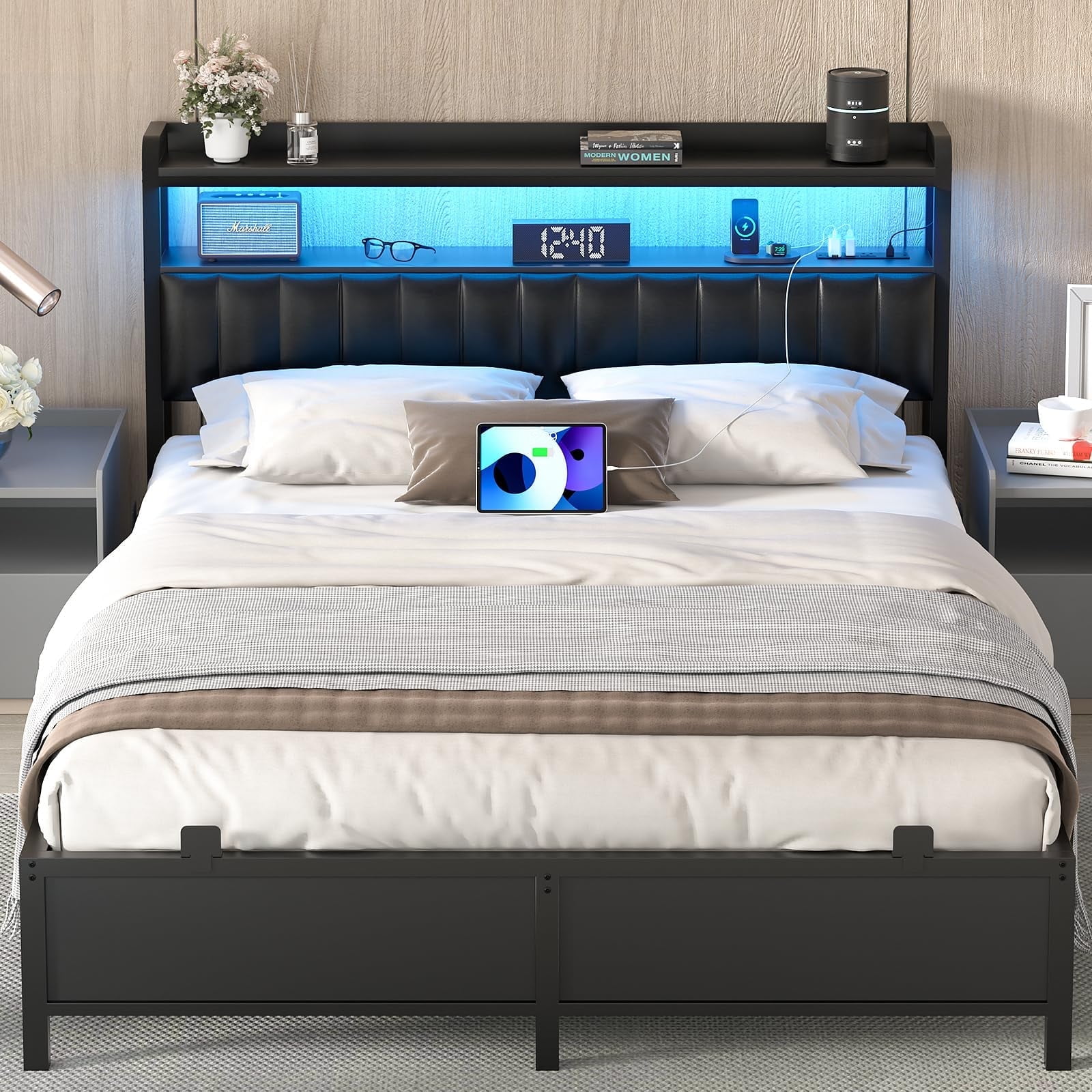 Homieasy Queen Size Bed Frame with Charging Station and LED Lights, Adjustable Upholstered Faux Leather Headboard, Industrial Platform Bed, Steel Slat Support, No Box Spring Needed, Black