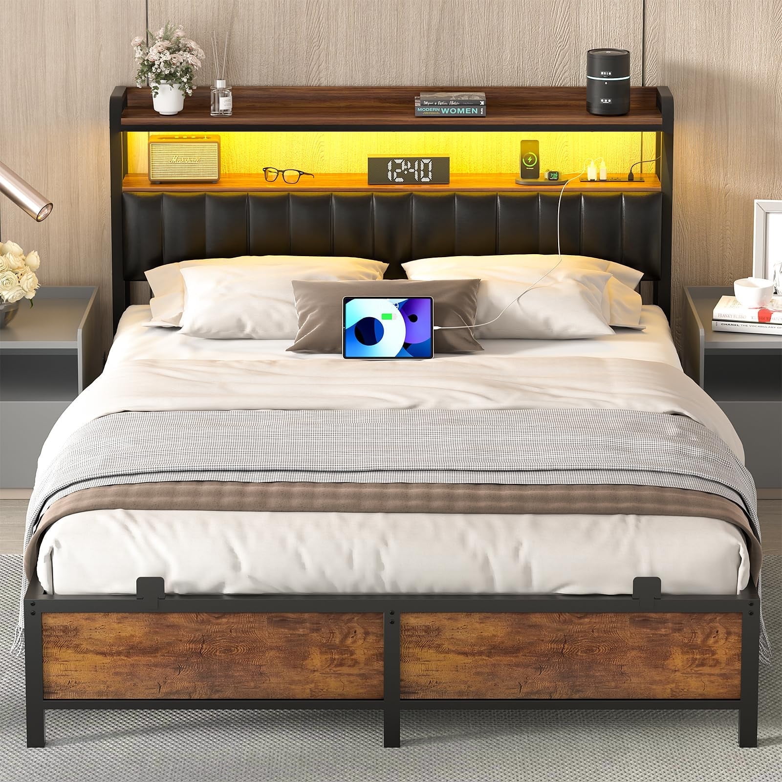Homieasy Queen Size Bed Frame with Charging Station and LED Lights, Adjustable Upholstered Faux Leather Headboard, Industrial Platform Bed, Steel Slat Support, No Box Spring Needed, Rustic Brown