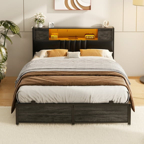 Homieasy Queen Size Bed Frame with LED Lights & Power Outlets, Upholstered Storage Headboard & Noise-Free Metal Platform - No Box Spring Needed, Easy Assembly,Gray Oak