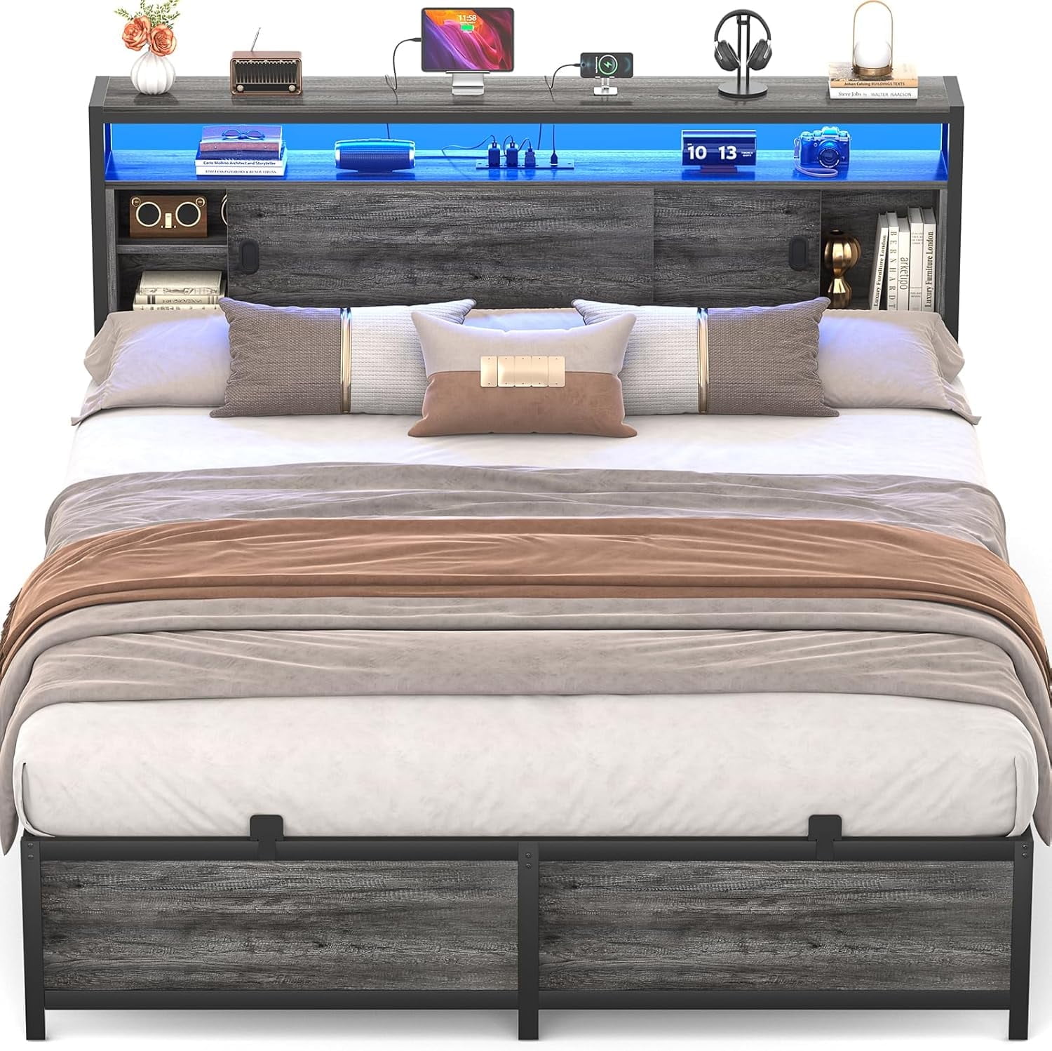 Homieasy Queen Size Bed Frame with Sliding Doors Headboard, Platform ...