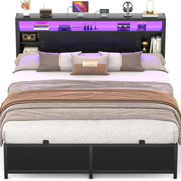 Homieasy Queen Size Bed Frame with Sliding Doors Headboard, Platform Bed Frame with Power Outlet & LED Light, Ample Storage, Modern Bed Frame for Bedroom, Dorm Room, 85"L x 55"W x 43.3"H, Black