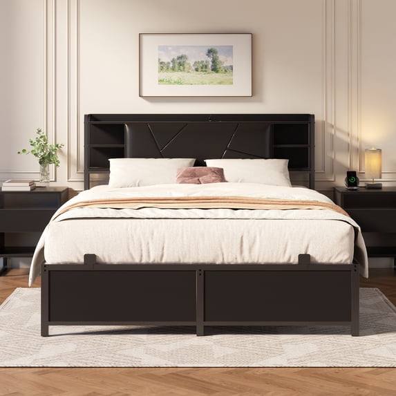 Homieasy Queen Size Bed Frame with Upholstered Headboard, Platform Bed with Charging Station and RGB LED Lights, Heavy Duty Metal Slats, Noise Free, No Box Spring Needed, Black