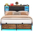 thumbnail image 1 of Homieasy Queen Size Bed Frame with Upholstered Headboard, Platform Bed with Charging Station and RGB LED Lights, Heavy Duty Metal Slats, Noise Free, No Box Spring Needed, Rustic Brown, 1 of 14