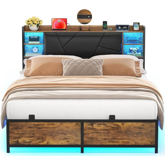 Homieasy Queen Size Bed Frame with Upholstered Headboard, Platform Bed with Charging Station and RGB LED Lights, Heavy Duty Metal Slats, Noise Free, No Box Spring Needed, Rustic Brown