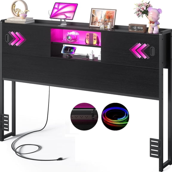 Homieasy Queen Size Storage Headboard with Charging Station, LED Light & Sliding Doors - Sturdy Bookcase Headboard with Bed Adapter for Bedroom, Black