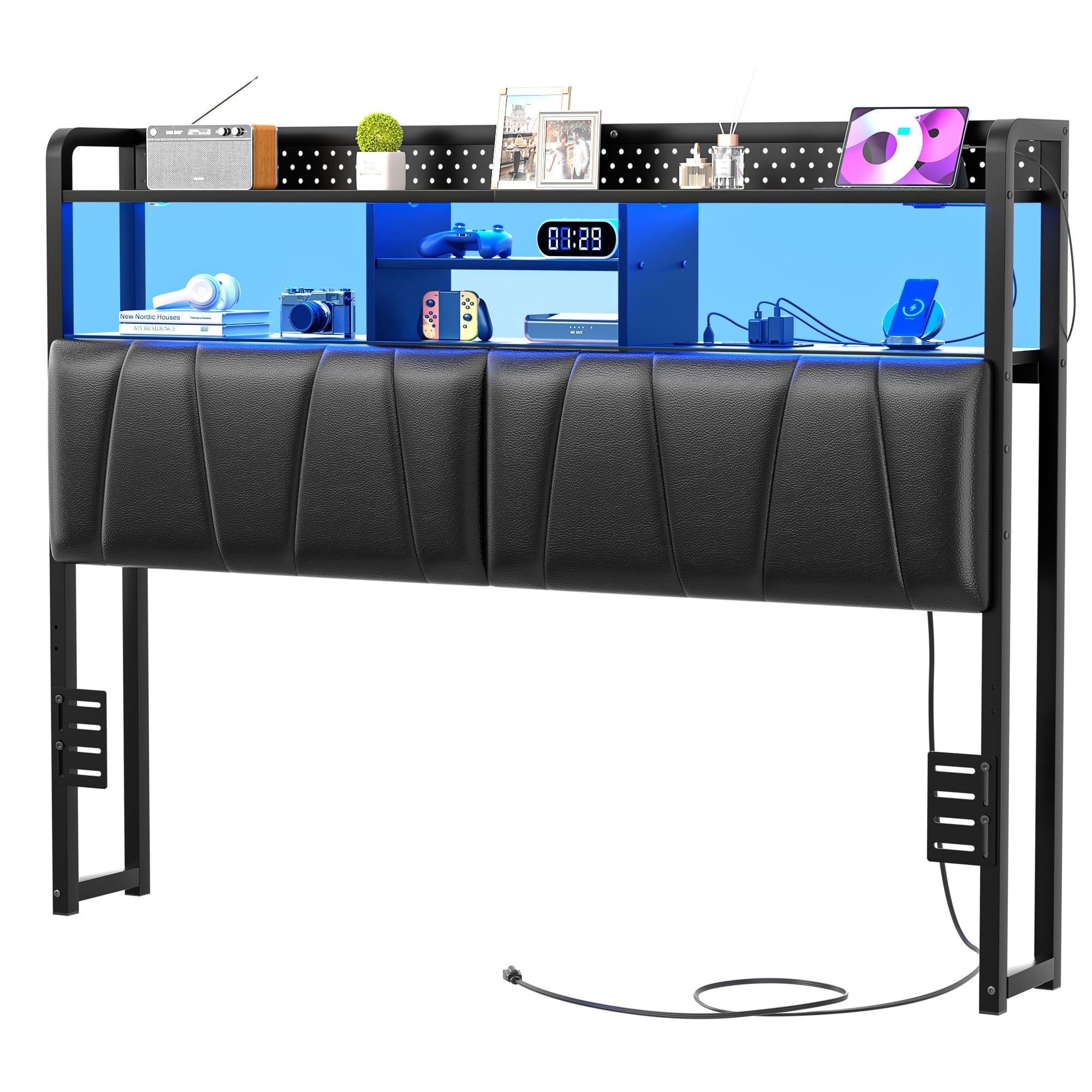 Homieasy Queen Upholstered Headboard with Storage Shelves, Queen Size Headboard with Power Outlets & LED Lights for Queen Bed, Sturdy Queen Bed Headboard for Bedroom/Dorm Room, Black