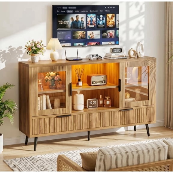Homieasy RGB LED TV Stand with Power Outlet, 45" Entertainment Center with 8 Storage Drawers & Cabinets, Vanity Storage Cabinet ,Media Console Fits 30"-55" TVs for Living Room Bedroom,Yellow Oak
