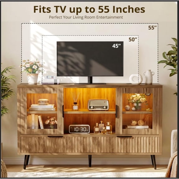 Homieasy RGB LED TV Stand with Power Outlet, 45" Entertainment Center with 8 Storage Drawers & Cabinets, Vanity Storage Cabinet ,Media Console Fits 30"-55" TVs for Living Room Bedroom,Yellow Oak