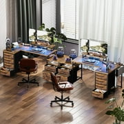 Homieasy Reversible L Shaped Computer Desk with Fabric File Drawers, 70.8 Large Office Desk with RGB LED Lights & Power Outlets & Monitor Stand & CPU Stand, Sturdy Corner Gaming Desk, Rustic Brown