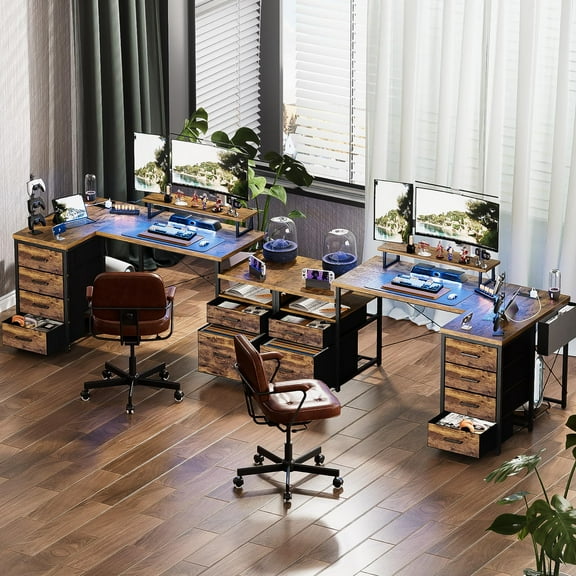 Homieasy Reversible L Shaped Computer Desk with Fabric File Drawers, 70.8" Large Office Desk with RGB LED Lights & Power Outlets & Monitor Stand & CPU Stand, Sturdy Corner Gaming Desk, Rustic Brown