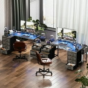 Homieasy Reversible L Shaped Computer Desk with Fabric File Drawers, 70.8 Large Office Desk with RGB LED Lights & Power Outlets & Monitor Stand & CPU Stand, Sturdy Corner Gaming Desk, Black Oak