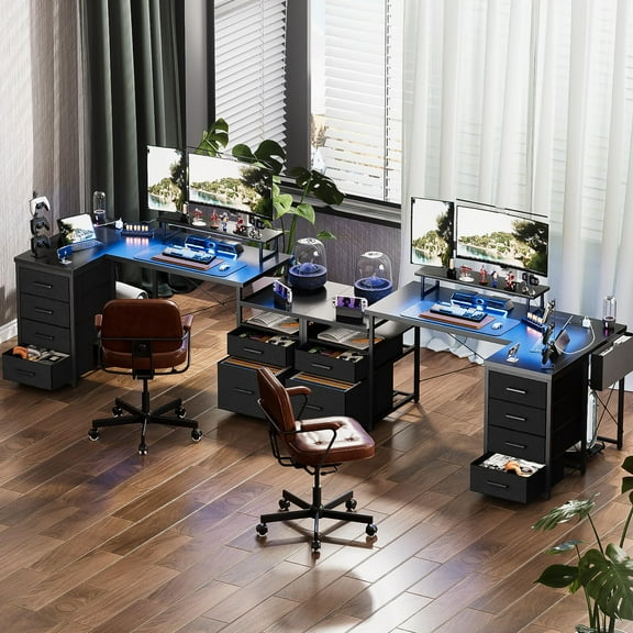 Homieasy Reversible L Shaped Computer Desk with Fabric File Drawers, 70.8" Large Office Desk with RGB LED Lights & Power Outlets & Monitor Stand & CPU Stand, Sturdy Corner Gaming Desk, Black