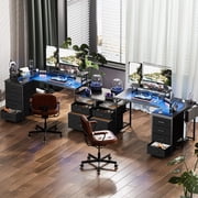 Homieasy Reversible L Shaped Computer Desk with Fabric File Drawers, 70.8 Large Office Desk with RGB LED Lights & Power Outlets & Monitor Stand & CPU Stand, Sturdy Corner Gaming Desk, Black