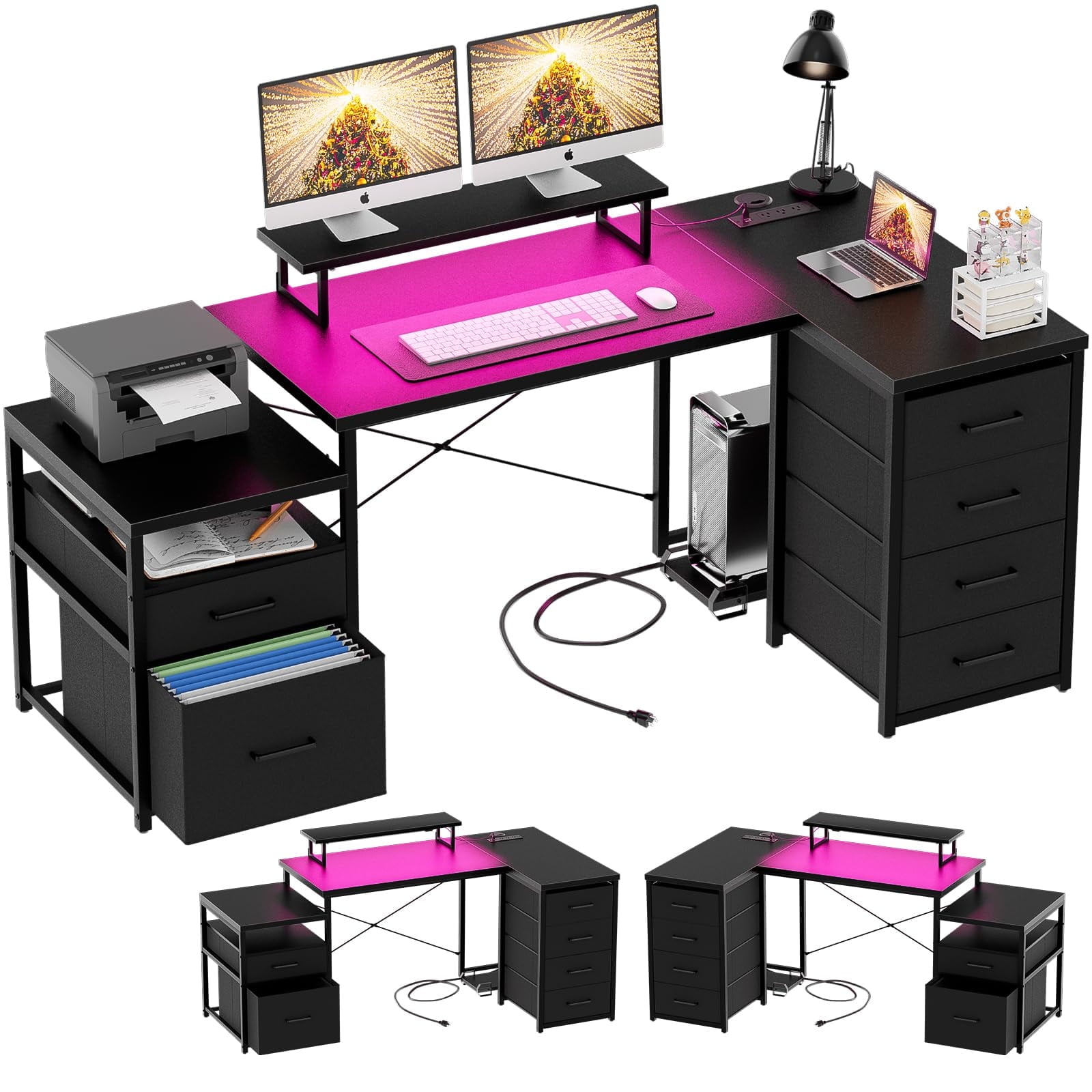 Homieasy Reversible L Shaped Desk with RGB LED, Outlets, Monitor & CPU