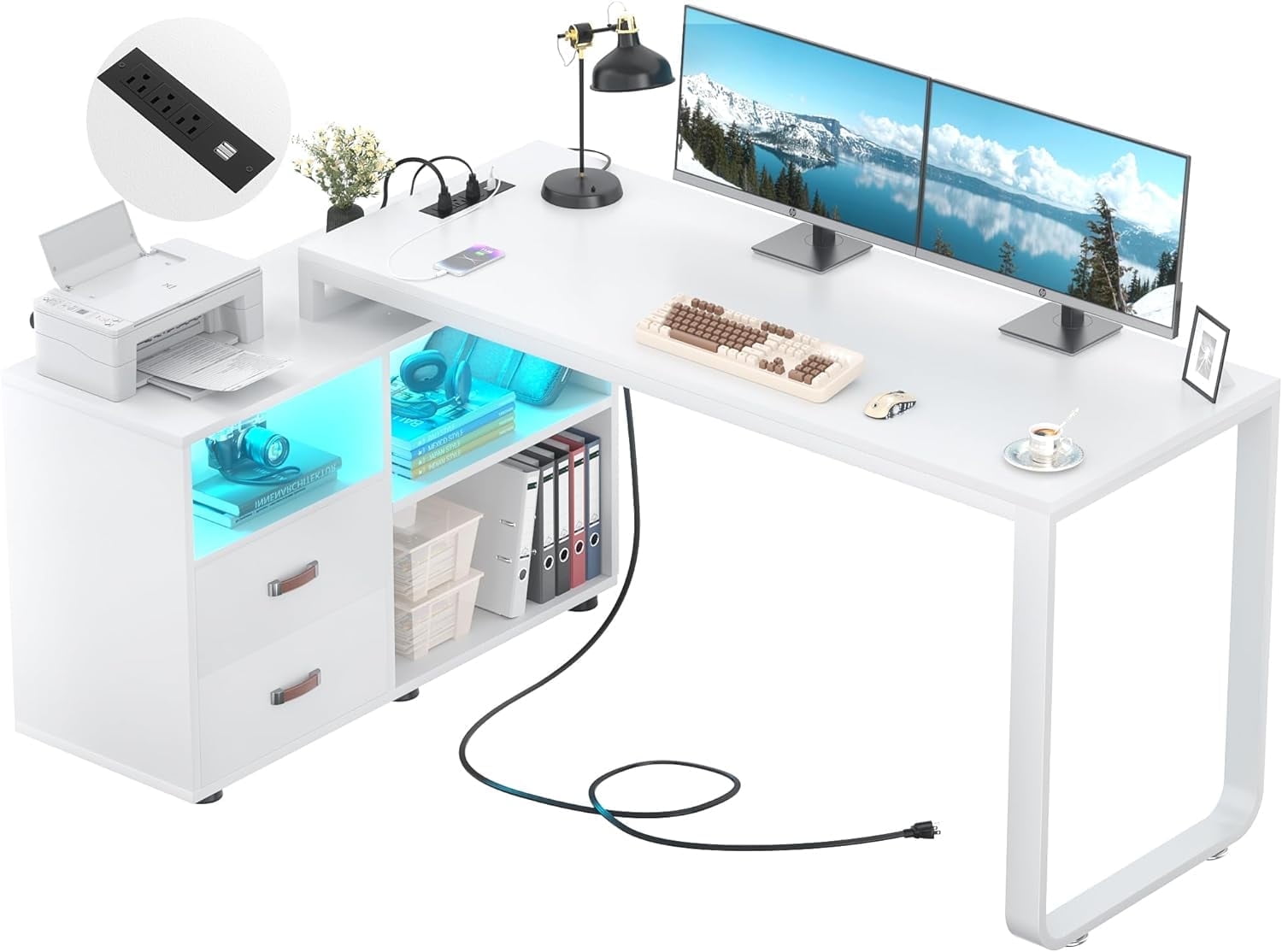 Homieasy Reversible L Shaped Desk with File Cabinet & Power Outlet, 55'' Computer Gaming Desk with LED Lights and Drawers, L Shaped Corner Desk with Storage Shelves for Work & Study, White