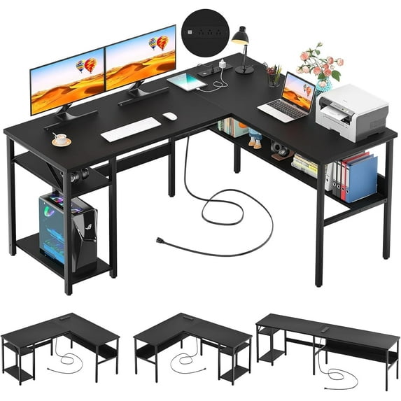 Homieasy Reversible L Shaped Desk with Magic Power Outlets and USB Charging Ports, Sturdy Corner Computer Desk with Storage Shelves, Gaming Table Home Office Desk, Easy to Assemble, Black