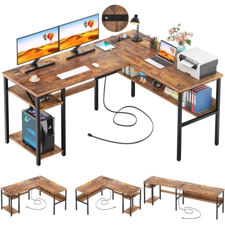 Homieasy Reversible L Shaped Desk with Magic Power Outlets and USB Charging Ports, Sturdy Corner Computer Desk with Storage Shelves, Gaming Table Home Office Desk, Easy to Assemble, Rustic Brown