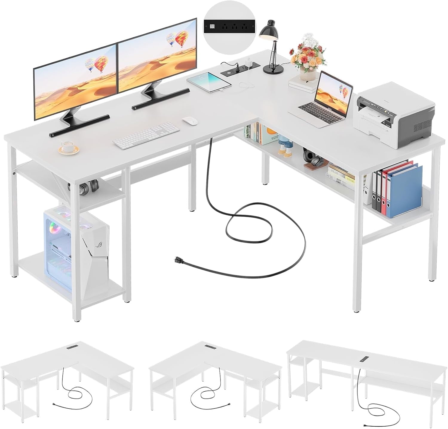 Homieasy Reversible L Shaped Desk with Magic Power Outlets and USB Charging Ports, Sturdy Corner Computer Desk with Storage Shelves, Gaming Table Home Office Desk, Easy to Assemble, White