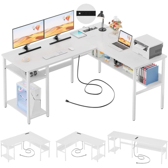 Homieasy Reversible L Shaped Desk with Magic Power Outlets and USB Charging Ports, Sturdy Corner Computer Desk with Storage Shelves, Gaming Table Home Office Desk, Easy to Assemble, White