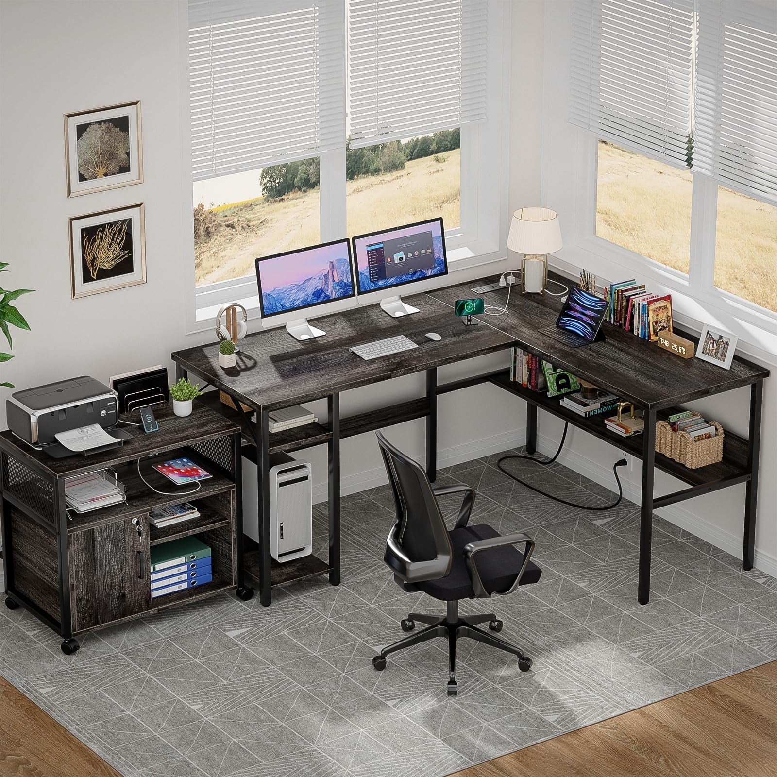Homieasy Reversible L Shaped Desk with Magic Power Outlets and USB Charging Ports, Sturdy Corner Computer Desk with Storage Shelves, Gaming Table Home Office Desk, Easy to Assemble, Black Oak